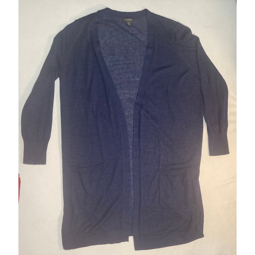 Halogen Dark Blue Long Large Petite Linen Blend Cardigan